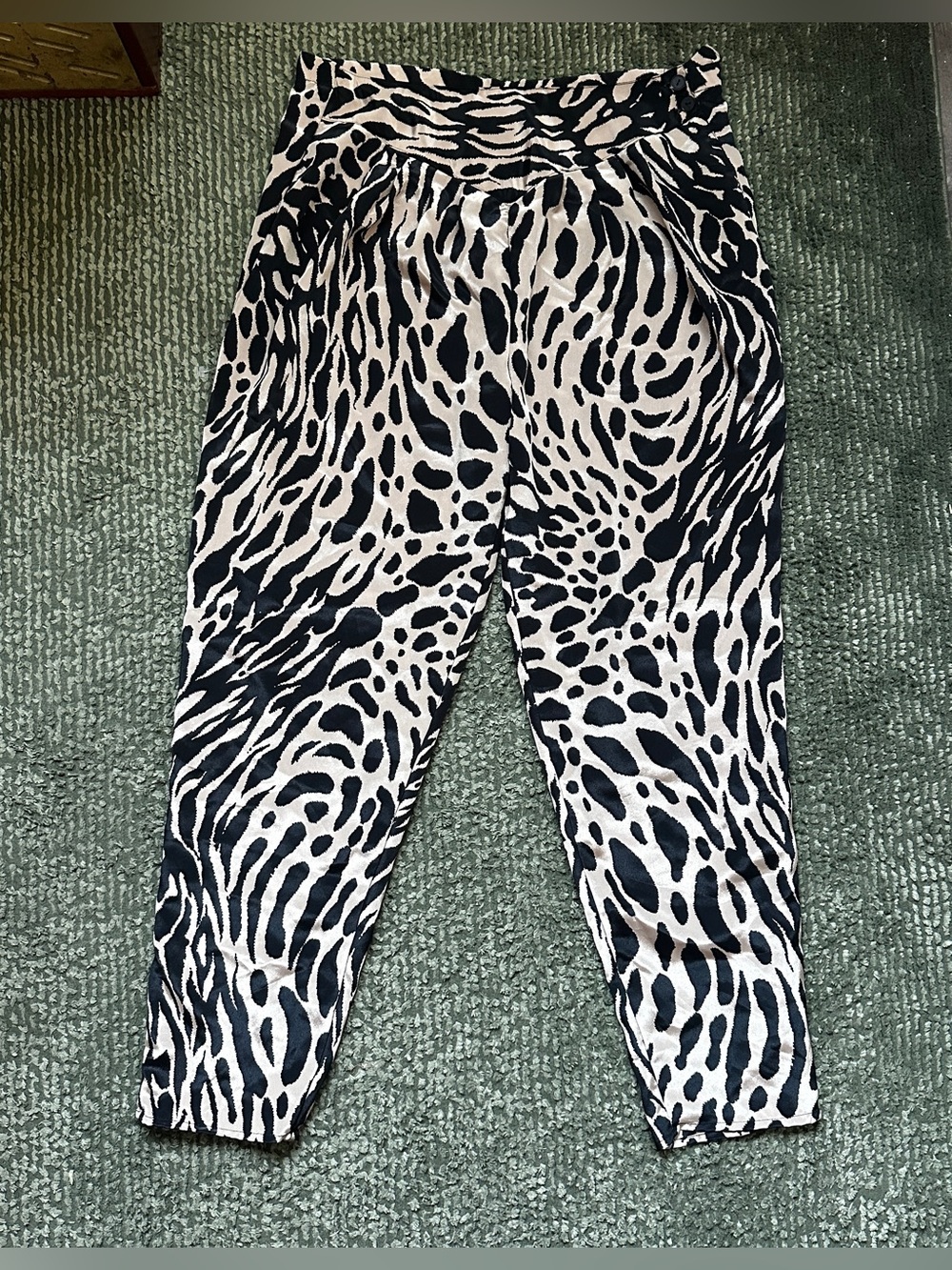 VTG Animal Print Satin Harem Tapered Pants High Waist 90s Glam Statement Trouser